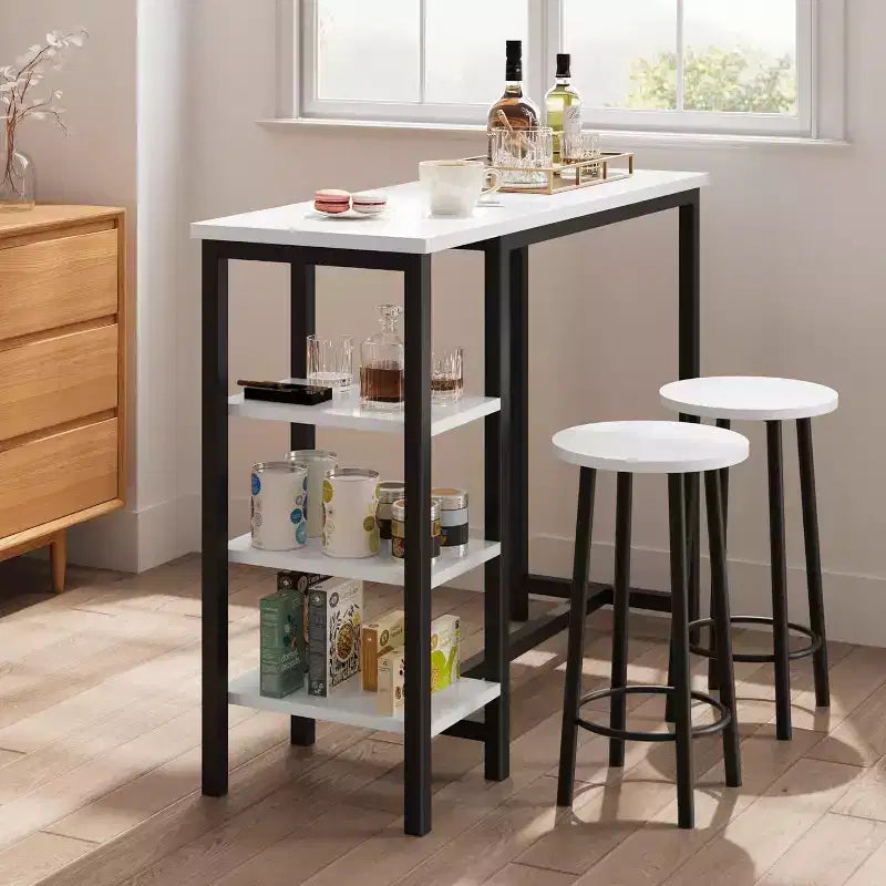 Counter Height Dining Table Set with 3 Storage Shelves, 3 Piece, 47.2L x 16W x 40H, Kitchen, Dining Room