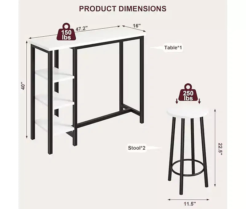 Ensemble de table à manger hauteur comptoir avec 3 étagères de rangement, 3 pièces, 120 cm (L) x 41 cm (l) x 102 cm (H), Cuisine, Salle à manger
