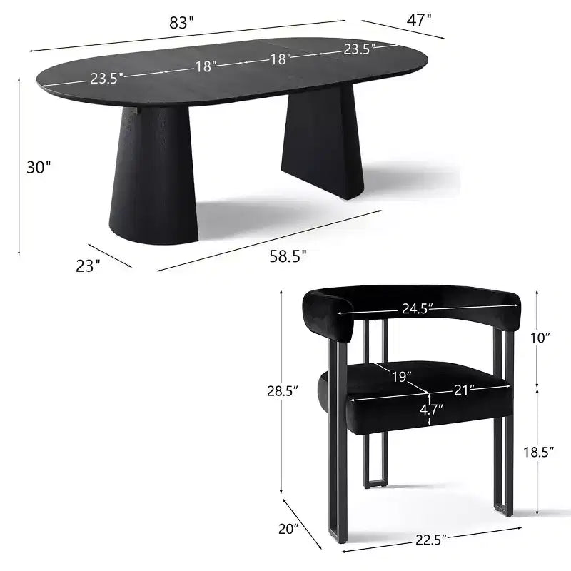 Ensemble de table à manger extensible 47-83 pour 8, table noire et 8 fauteuils en velours avec pieds en métal élégants, idéal pour les réceptions - Panipeachy
