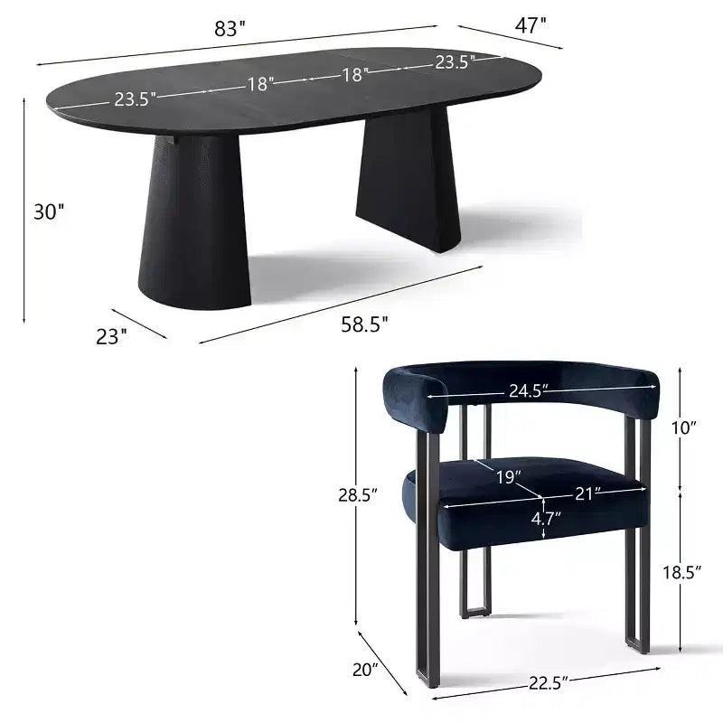 Ensemble de table à manger extensible 47-83 pour 8, table noire et 8 fauteuils en velours avec pieds en métal élégants, idéal pour les réceptions - Panipeachy