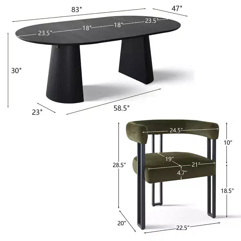 Ensemble de table à manger extensible 47-83 pour 8, table noire et 8 fauteuils en velours avec pieds en métal élégants, idéal pour les réceptions - Panipeachy