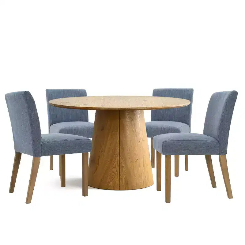 Ensemble table à manger extensible 120-210 cm pour 4 personnes, table finition bois naturel et 4 chaises sans accoudoirs rembourrées avec pieds en bois massif-Panipeachy