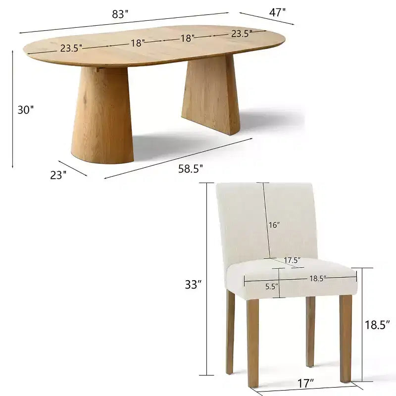 Ensemble table à manger extensible 120-210 cm pour 4 personnes, table finition bois naturel et 4 chaises sans accoudoirs rembourrées avec pieds en bois massif-Panipeachy