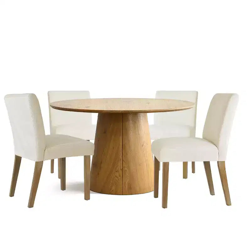 Ensemble table à manger extensible 120-210 cm pour 4 personnes, table finition bois naturel et 4 chaises sans accoudoirs rembourrées avec pieds en bois massif-Panipeachy