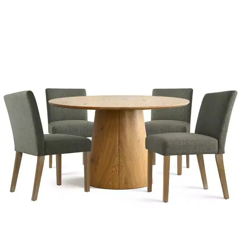 Ensemble table à manger extensible 120-210 cm pour 4 personnes, table finition bois naturel et 4 chaises sans accoudoirs rembourrées avec pieds en bois massif-Panipeachy