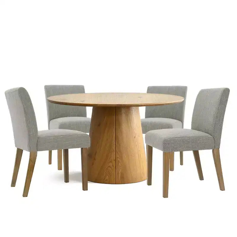 Ensemble table à manger extensible 120-210 cm pour 4 personnes, table finition bois naturel et 4 chaises sans accoudoirs rembourrées avec pieds en bois massif-Panipeachy