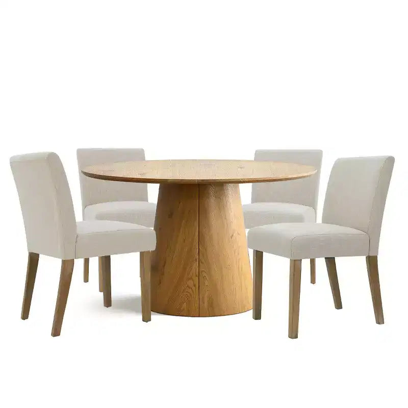 Ensemble table à manger extensible 120-210 cm pour 4 personnes, table finition bois naturel et 4 chaises sans accoudoirs rembourrées avec pieds en bois massif-Panipeachy