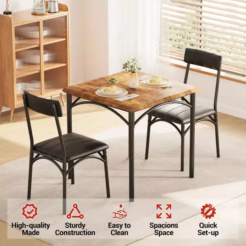 Ensemble de salle à manger 3 pièces, Table et 2 chaises rembourrées pour coins repas et petits espaces, Style vintage