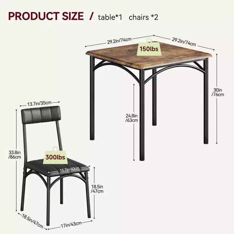 Ensemble de salle à manger 3 pièces, Table et 2 chaises rembourrées pour coins repas et petits espaces, Style vintage