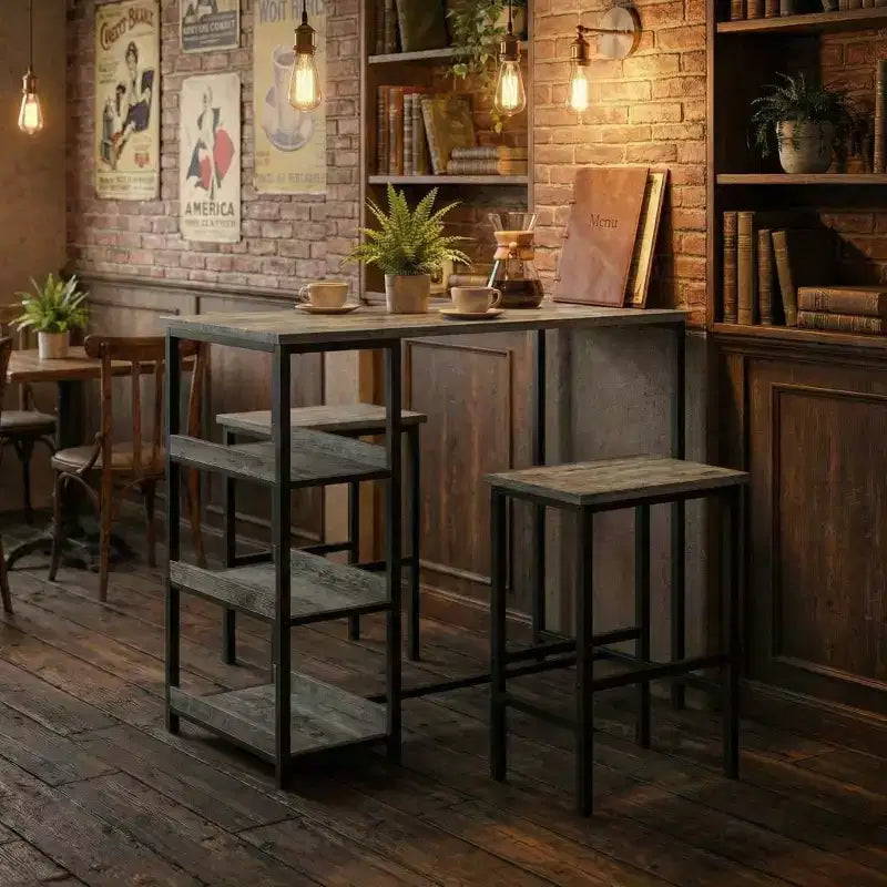 Ensemble table de cuisine 3 pièces avec étagères de rangement et 2 tabourets de bar – Table à manger en fer et bois pour condos, appartements, petits espaces