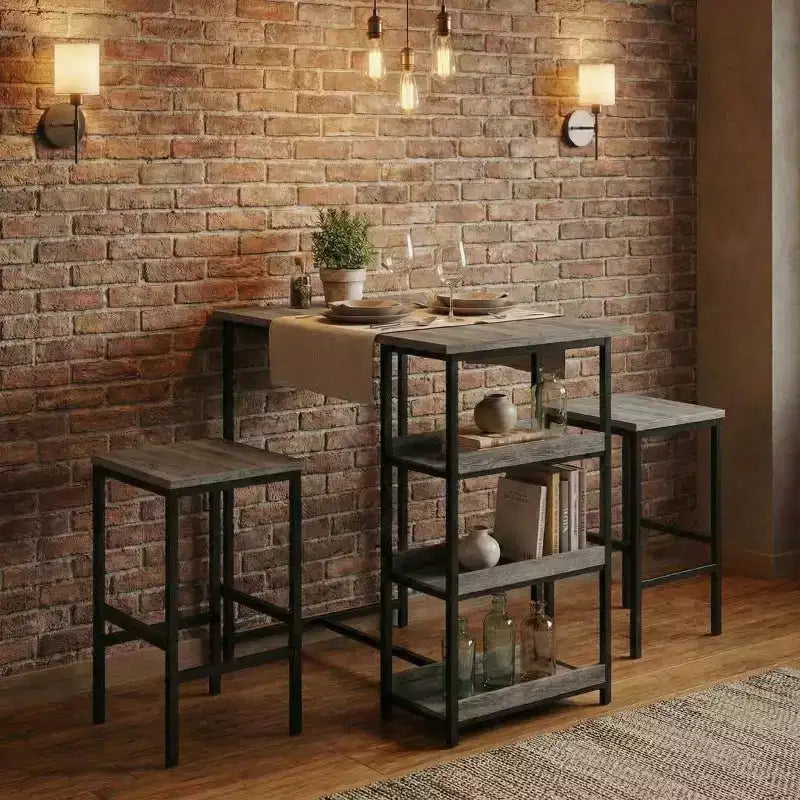 Ensemble table de cuisine 3 pièces avec étagères de rangement et 2 tabourets de bar – Table à manger en fer et bois pour condos, appartements, petits espaces