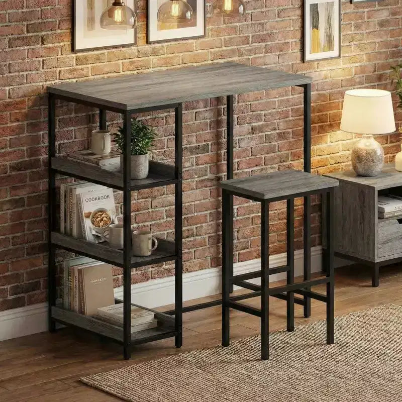 Ensemble table de cuisine 3 pièces avec étagères de rangement et 2 tabourets de bar – Table à manger en fer et bois pour condos, appartements, petits espaces