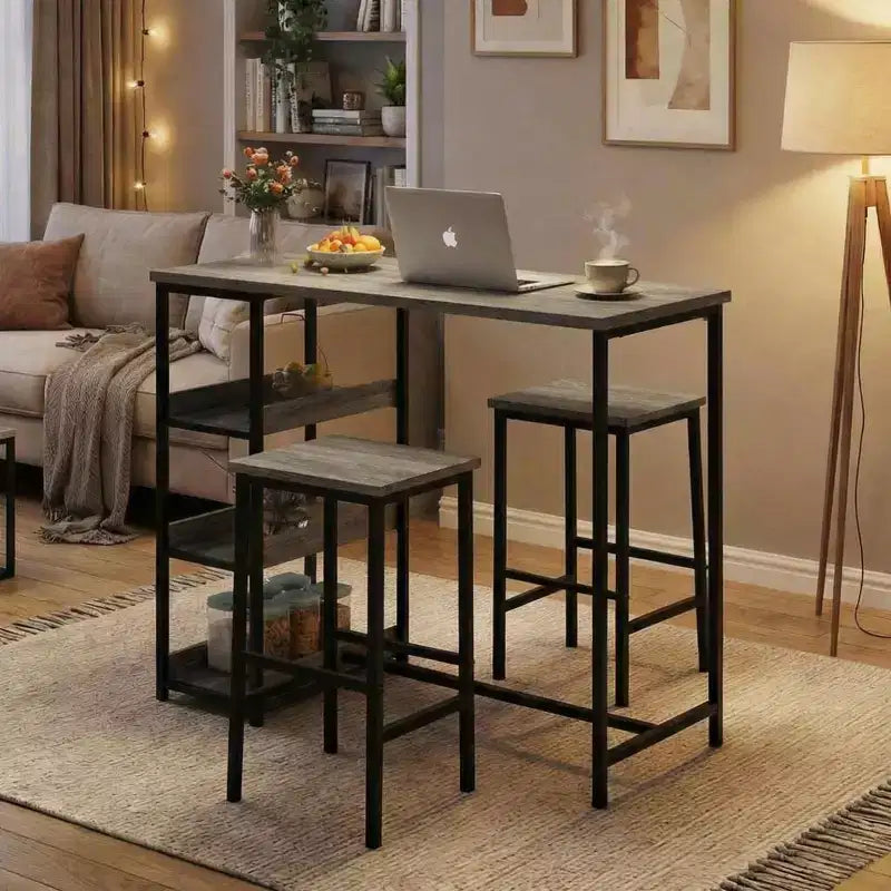 Ensemble table de cuisine 3 pièces avec étagères de rangement et 2 tabourets de bar – Table à manger en fer et bois pour condos, appartements, petits espaces