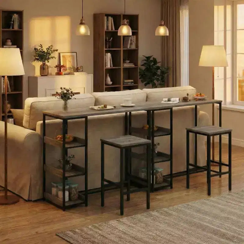 Ensemble table de cuisine 3 pièces avec étagères de rangement et 2 tabourets de bar – Table à manger en fer et bois pour condos, appartements, petits espaces