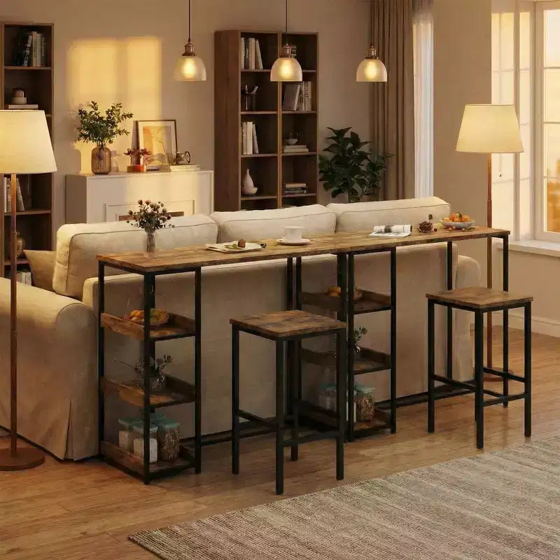Ensemble table de cuisine 3 pièces avec étagères de rangement et 2 tabourets de bar – Table à manger en fer et bois pour condos, appartements, petits espaces