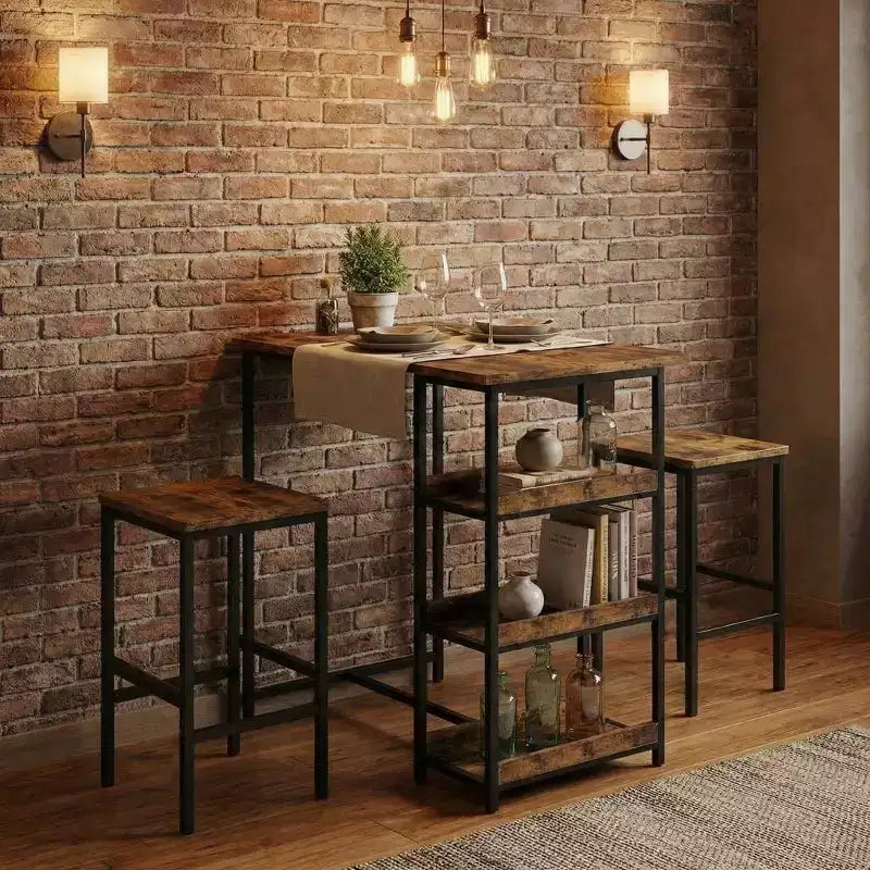 Ensemble table de cuisine 3 pièces avec étagères de rangement et 2 tabourets de bar – Table à manger en fer et bois pour condos, appartements, petits espaces