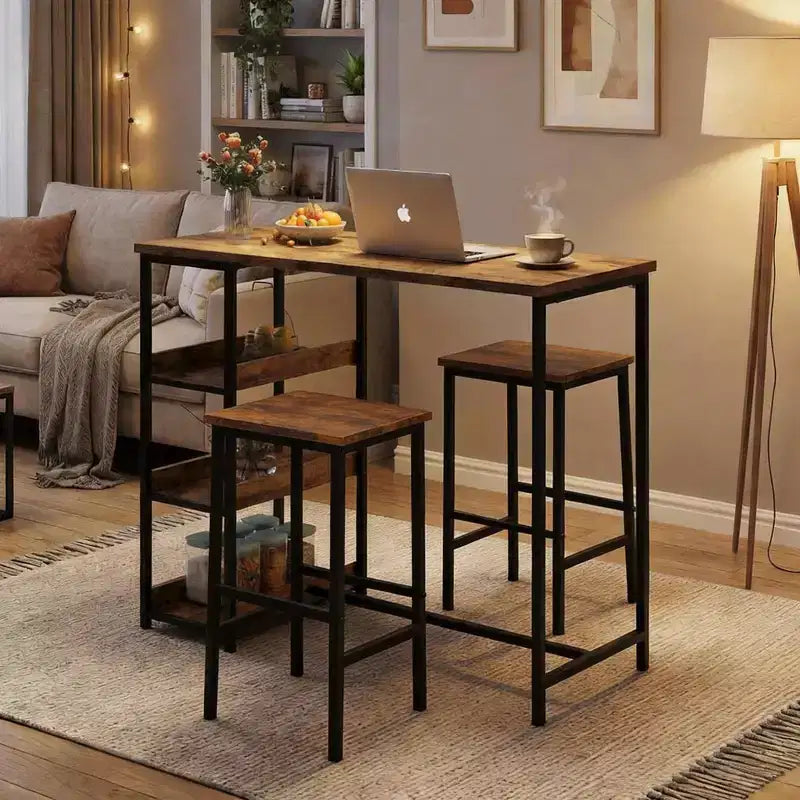 Ensemble table de cuisine 3 pièces avec étagères de rangement et 2 tabourets de bar – Table à manger en fer et bois pour condos, appartements, petits espaces