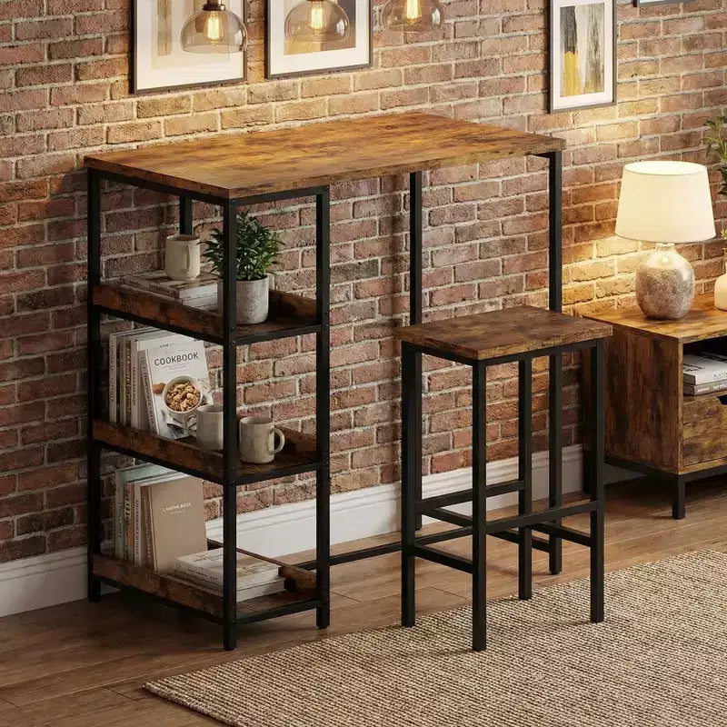 Ensemble table de cuisine 3 pièces avec étagères de rangement et 2 tabourets de bar – Table à manger en fer et bois pour condos, appartements, petits espaces