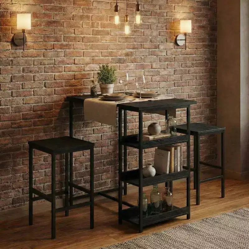 Ensemble table de cuisine 3 pièces avec étagères de rangement et 2 tabourets de bar – Table à manger en fer et bois pour condos, appartements, petits espaces