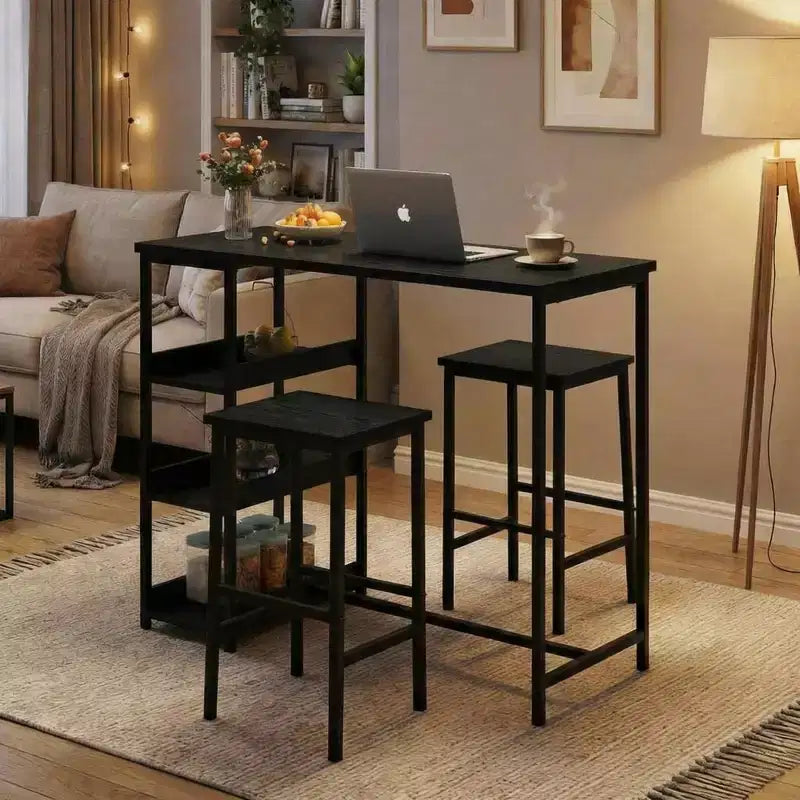 Ensemble table de cuisine 3 pièces avec étagères de rangement et 2 tabourets de bar – Table à manger en fer et bois pour condos, appartements, petits espaces