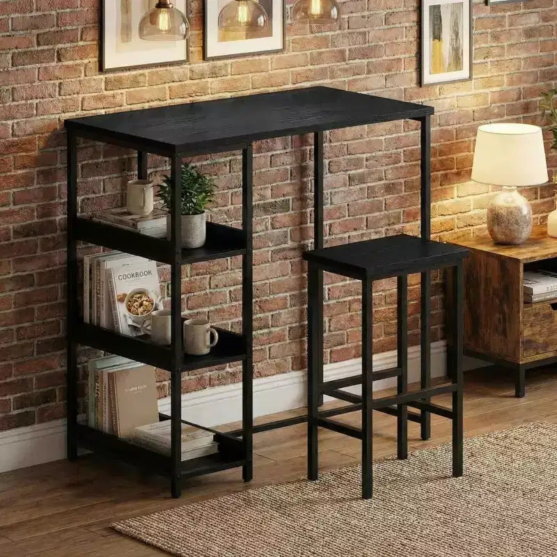Ensemble table de cuisine 3 pièces avec étagères de rangement et 2 tabourets de bar – Table à manger en fer et bois pour condos, appartements, petits espaces
