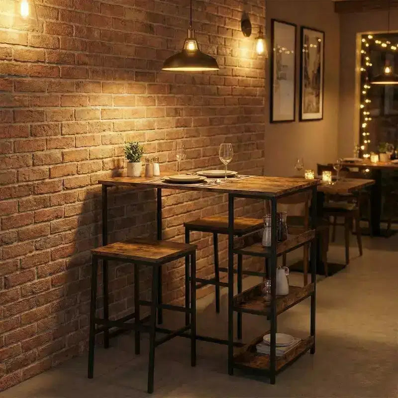 Ensemble table de cuisine 3 pièces avec étagères de rangement et 2 tabourets de bar – Table à manger en fer et bois pour condos, appartements, petits espaces