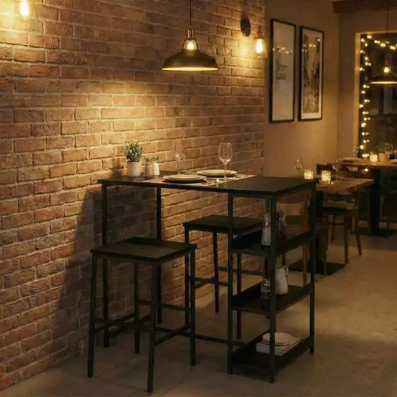 Ensemble table de cuisine 3 pièces avec étagères de rangement et 2 tabourets de bar – Table à manger en fer et bois pour condos, appartements, petits espaces