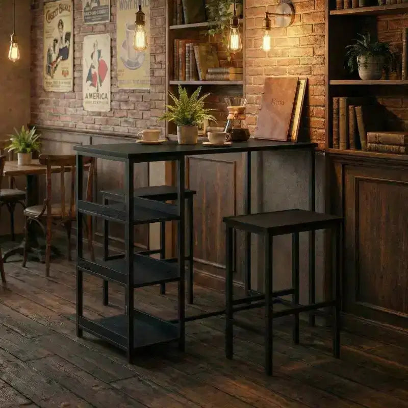 Ensemble table de cuisine 3 pièces avec étagères de rangement et 2 tabourets de bar – Table à manger en fer et bois pour condos, appartements, petits espaces