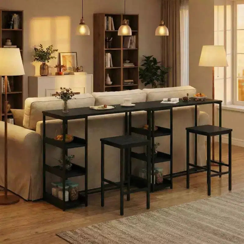 Ensemble table de cuisine 3 pièces avec étagères de rangement et 2 tabourets de bar – Table à manger en fer et bois pour condos, appartements, petits espaces