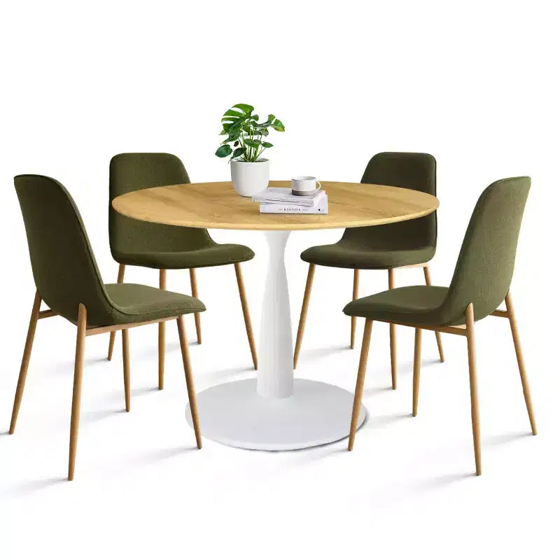 Ensemble de salle à manger rond 5 pièces, table piédestal 37" avec plateau aspect bois et chaises courbées rembourrées, style moderne-Panipeachy