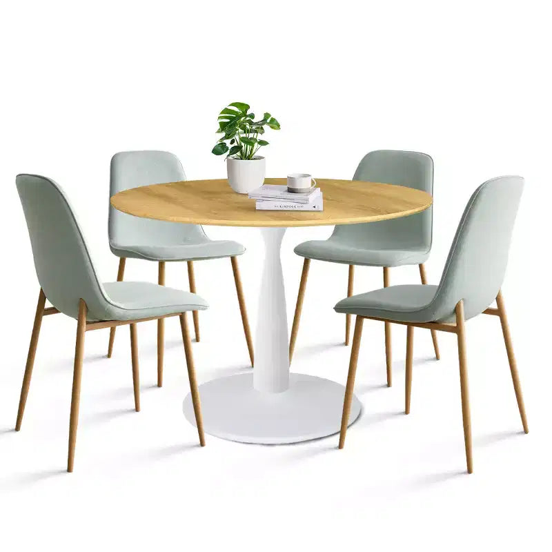 Ensemble de salle à manger rond 5 pièces, table piédestal 37" avec plateau aspect bois et chaises courbées rembourrées, style moderne-Panipeachy