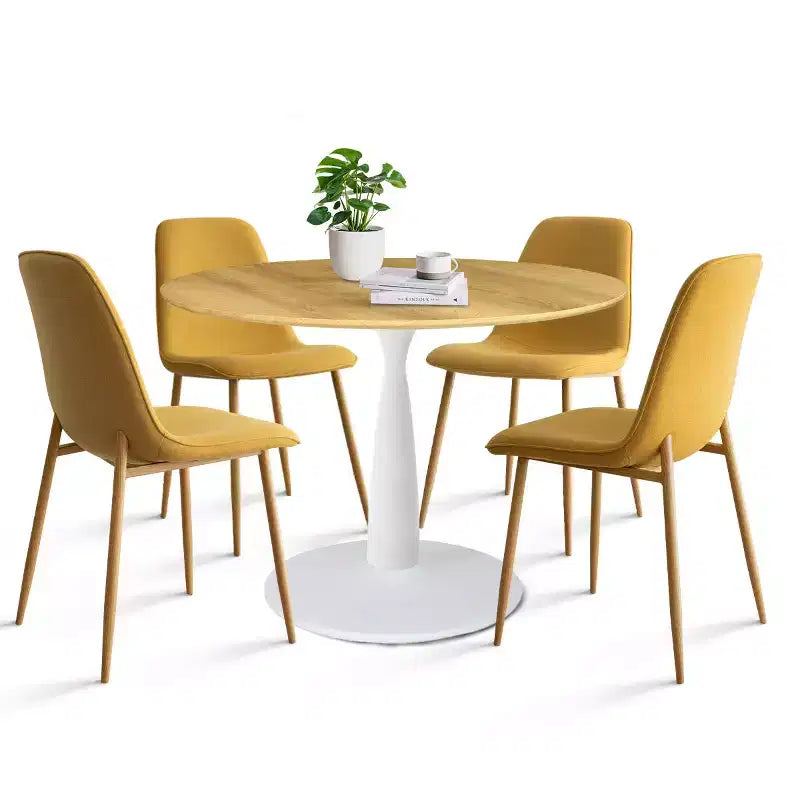 Ensemble de salle à manger rond 5 pièces, table piédestal 37" avec plateau aspect bois et chaises courbées rembourrées, style moderne-Panipeachy