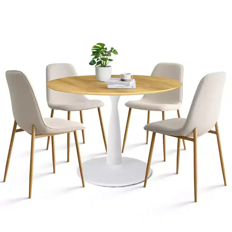 Ensemble de salle à manger rond 5 pièces, table piédestal 37" avec plateau aspect bois et chaises courbées rembourrées, style moderne-Panipeachy