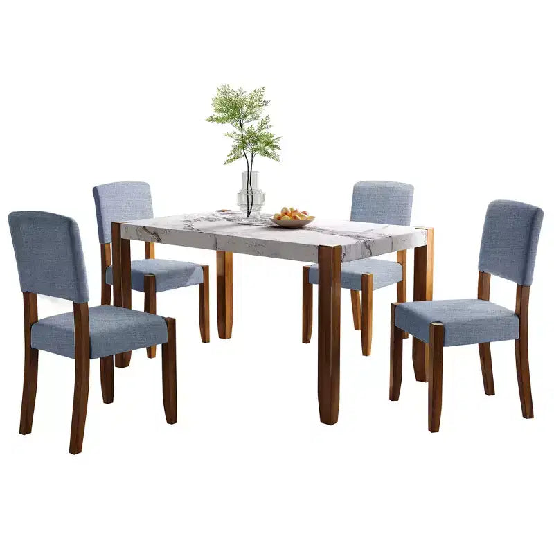 Ensemble table à manger 5 pièces avec table en faux marbre de 117 cm et 4 chaises rembourrées, pieds en bois d'hévéa, pour coin repas