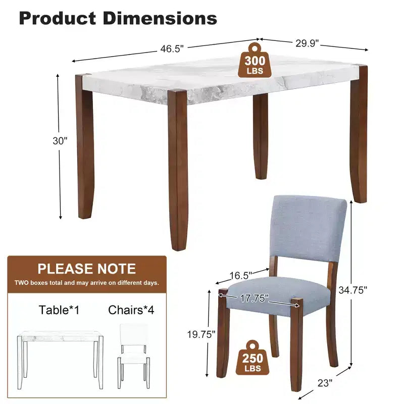 Ensemble table à manger 5 pièces avec table en faux marbre de 117 cm et 4 chaises rembourrées, pieds en bois d'hévéa, pour coin repas
