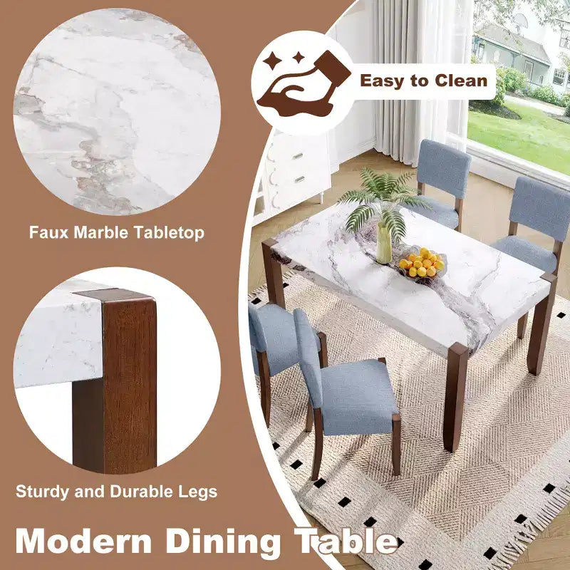 Ensemble table à manger 5 pièces avec table en faux marbre de 117 cm et 4 chaises rembourrées, pieds en bois d'hévéa, pour coin repas