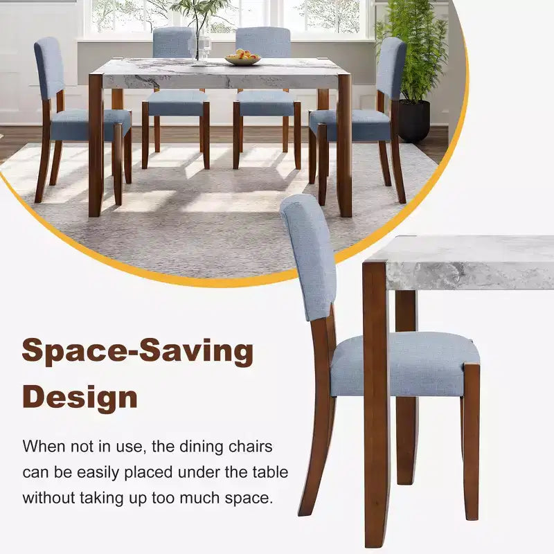 Ensemble table à manger 5 pièces avec table en faux marbre de 117 cm et 4 chaises rembourrées, pieds en bois d'hévéa, pour coin repas