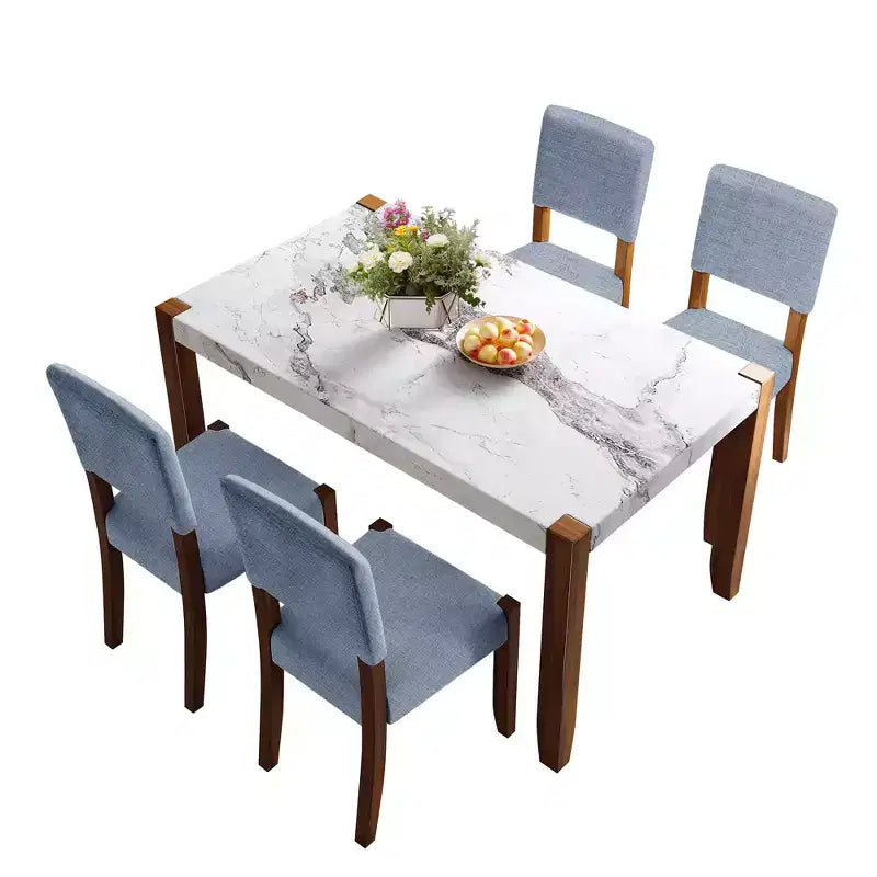 Ensemble table à manger 5 pièces avec table en faux marbre de 117 cm et 4 chaises rembourrées, pieds en bois d'hévéa, pour coin repas