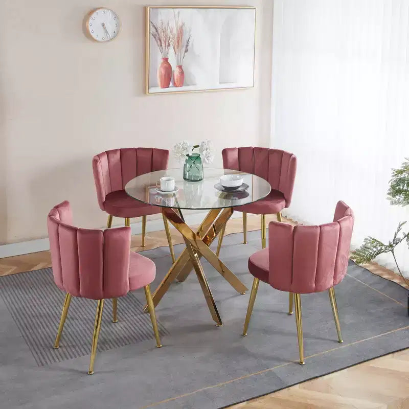 5-Piece Mid-Century Dining Set with Glass Table Top and Metal Legs for 4-6 People, Also Functions as Coffee Table