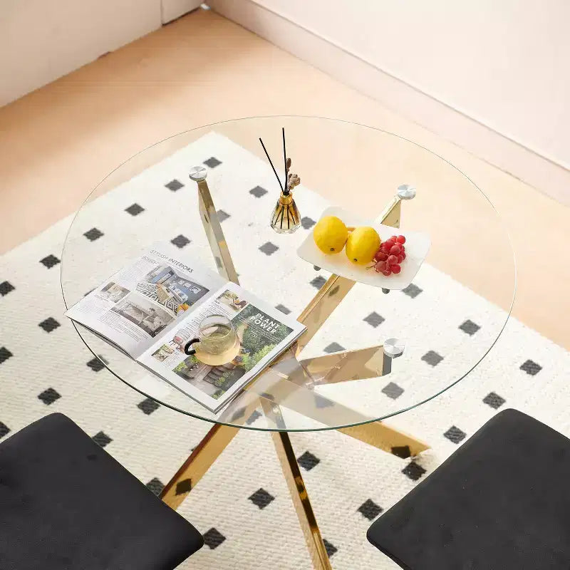 Ensemble de salle à manger 5 pièces style Mid-Century avec plateau en verre et pieds en métal pour 4 à 6 personnes, fait aussi office de table basse