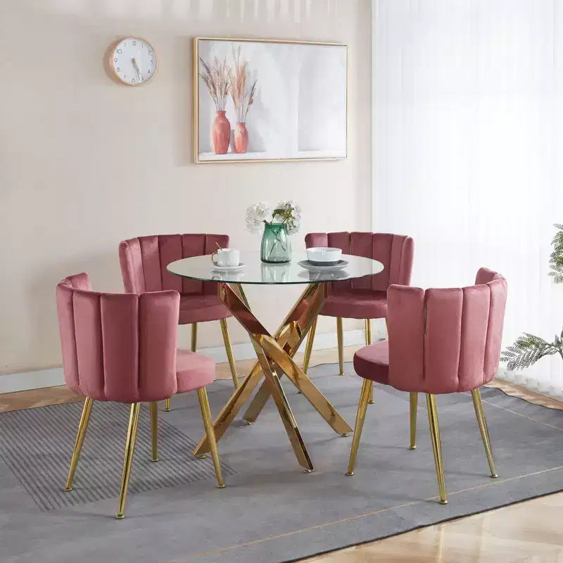 Ensemble de salle à manger 5 pièces style Mid-Century avec plateau en verre et pieds en métal pour 4 à 6 personnes, fait aussi office de table basse