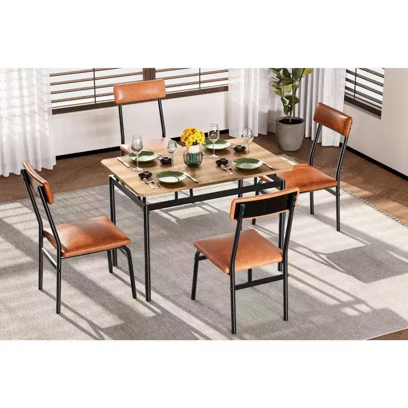 Ensemble de table à manger 5 pièces, ensemble de table de cuisine en bois avec 4 chaises rembourrées en PU, ensemble de dînette à cadre métallique industriel pour salle à manger, dîner à la maison, fête
