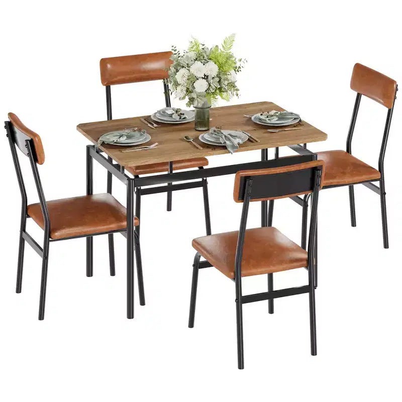 Ensemble de table à manger 5 pièces, ensemble de table de cuisine en bois avec 4 chaises rembourrées en PU, ensemble de dînette à cadre métallique industriel pour salle à manger, dîner à la maison, fête