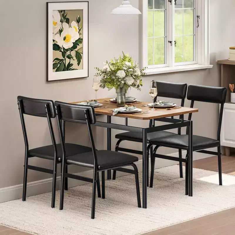 Ensemble de table à manger 5 pièces, ensemble de table de cuisine en bois avec 4 chaises rembourrées en PU, ensemble de dînette à cadre métallique industriel pour salle à manger, dîner à la maison, fête