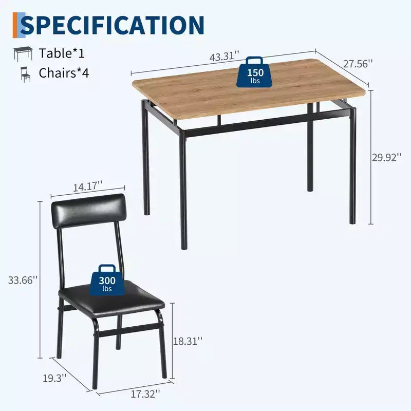 Ensemble de table à manger 5 pièces, ensemble de table de cuisine en bois avec 4 chaises rembourrées en PU, ensemble de dînette à cadre métallique industriel pour salle à manger, dîner à la maison, fête