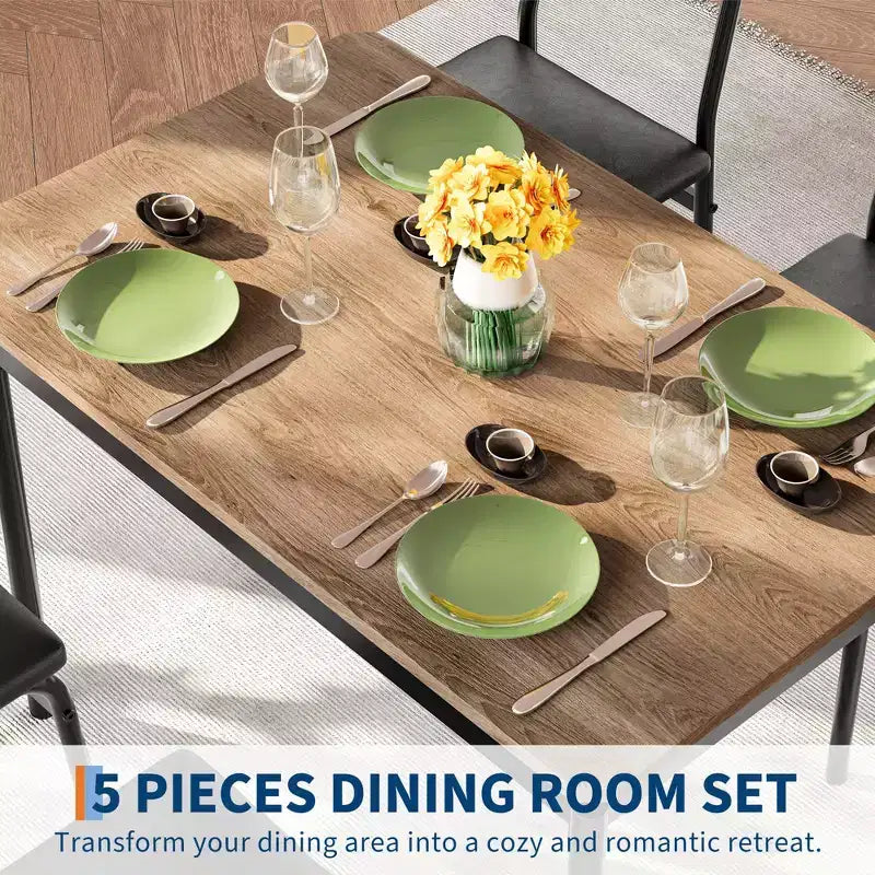 Ensemble de table à manger 5 pièces, ensemble de table de cuisine en bois avec 4 chaises rembourrées en PU, ensemble de dînette à cadre métallique industriel pour salle à manger, dîner à la maison, fête