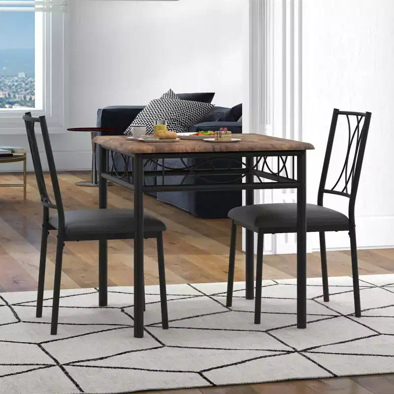 Ensemble de salle à manger 3 pièces pour 2, Table de cuisine industrielle en bois et 2 chaises rembourrées en cuir PU avec cadre en métal pour petit espace, appartement