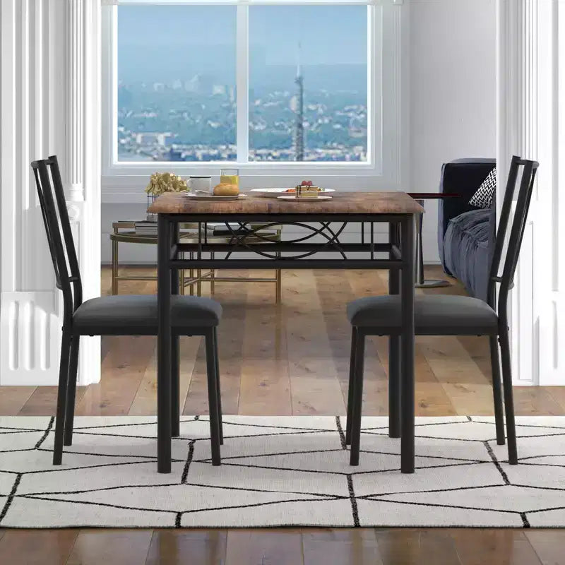 Ensemble de salle à manger 3 pièces pour 2, Table de cuisine industrielle en bois et 2 chaises rembourrées en cuir PU avec cadre en métal pour petit espace, appartement