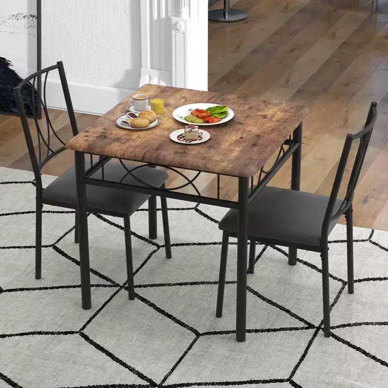 Ensemble de salle à manger 3 pièces pour 2, Table de cuisine industrielle en bois et 2 chaises rembourrées en cuir PU avec cadre en métal pour petit espace, appartement