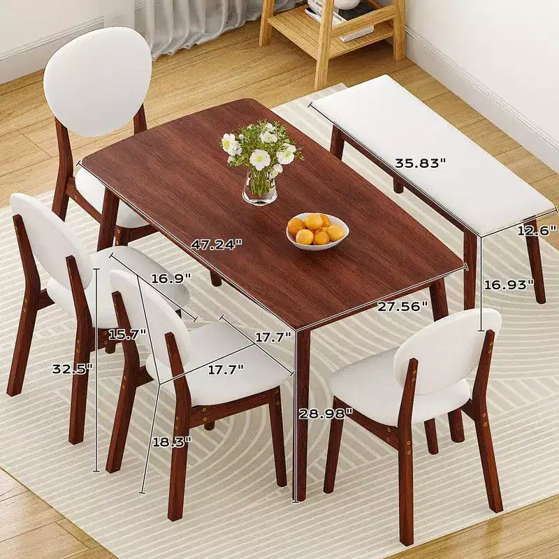 Ensemble de salle à manger Karl Home 47'' pour 6 personnes, table de cuisine en bois massif avec banc et 4 chaises avec dossier rembourré